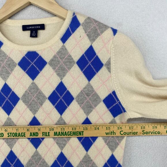 LANDS END Sweater Womens XS 2-4 Cashmere Argyle Long Sleeve Pullover Beige Blue - Picture 8 of 11